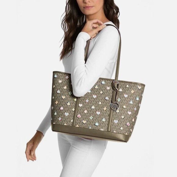 New Michael Kors Jet Set Large Printed Signature Logo Tote Bag Olive - Picture 2 of 4